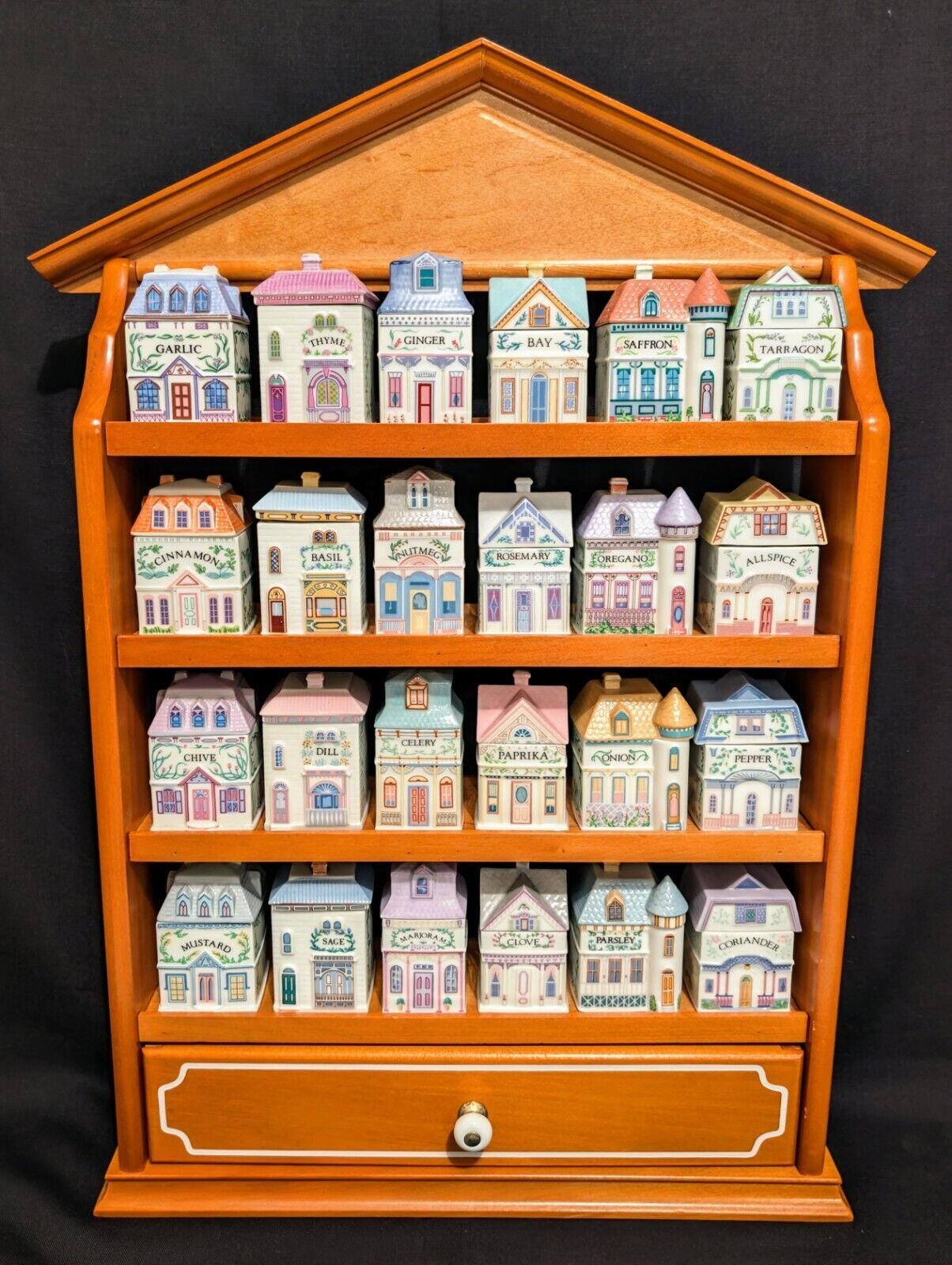 1989 LENOX Spice Village  Porcelain Complete Set (24) Wooden Display Rack “NICE”