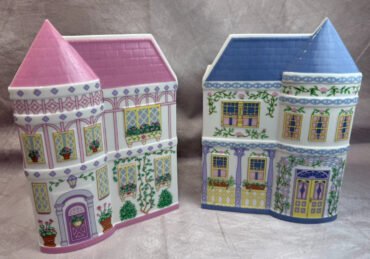 LENOX SPICE VILLAGE Planters Set 2 Pink & Blue 1993 Vintage w/ COA Box Porcelain